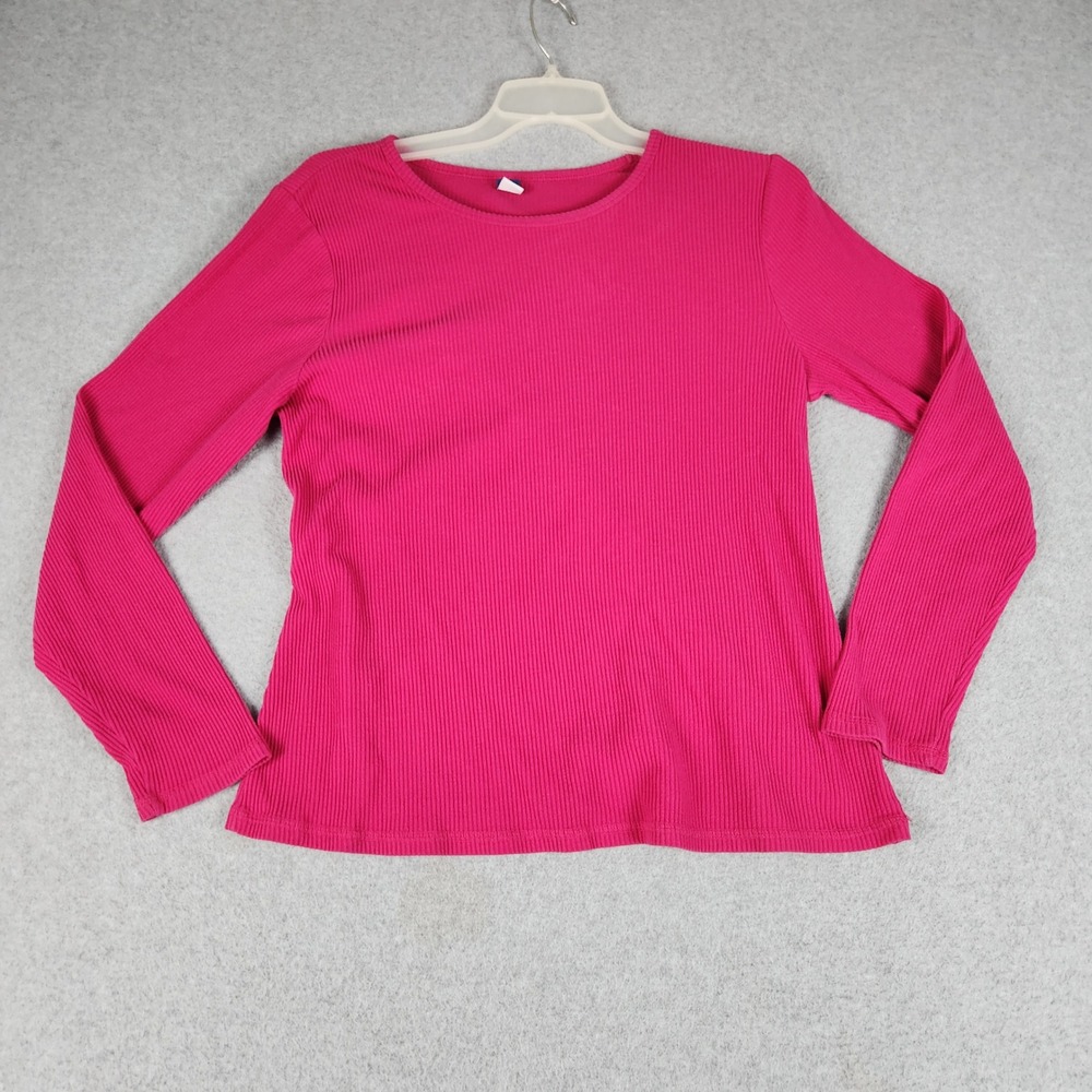 Old Navy T-Shirt Womens XL Hot Pink Ribbed Knit Long Sleeve Classic Crewneck
